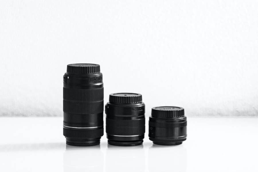 Three camera lenses with different focal lengths